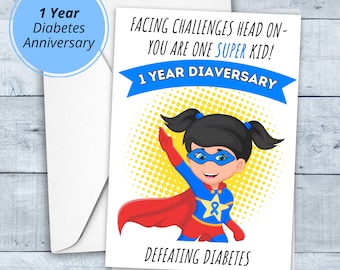 Diabetes jubileumkaart | 1 Year Diaversary-kaart voor kinderen | Afdrukbaar | PDF | Kaarten van 5 x 7 en 4 x 6 | Held met diabetes meisje | Type 1-diabetes
