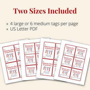Preview of printable Christmas sock gift tag pages in two sizes. Four larger tags or six medium tags fit on each US Letter page. White cards feature red borders, colorful Christmas socks, and a warm holiday message.
