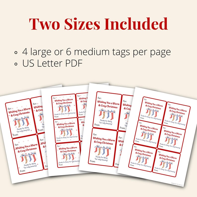 Preview of printable Christmas sock gift tag pages in two sizes. Four larger tags or six medium tags fit on each US Letter page. White cards feature red borders, colorful Christmas socks, and a warm holiday message.