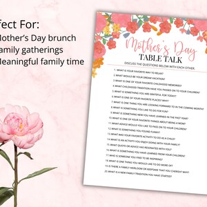 Mother’s Day printable conversation game shown with examples of use including brunch, family gatherings, classroom activities, and church groups. A meaningful and interactive Mother’s Day activity designed to bring families together and encourage connection through guided questions.