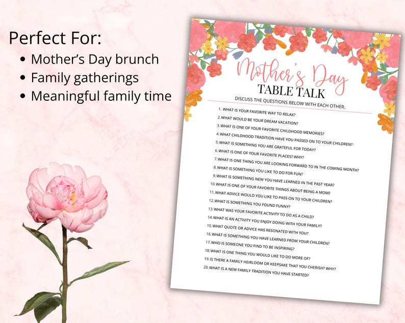 Mother’s Day printable conversation game shown with examples of use including brunch, family gatherings, classroom activities, and church groups. A meaningful and interactive Mother’s Day activity designed to bring families together and encourage connection through guided questions.