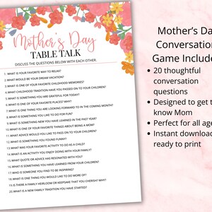 Mother’s Day conversation game printable features including 20 thoughtful questions to help families connect and learn more about mom. Printable PDF designed for easy use at home, brunch, classroom, or church groups. Instant download Mother’s Day activity for kids, teens, and adults.