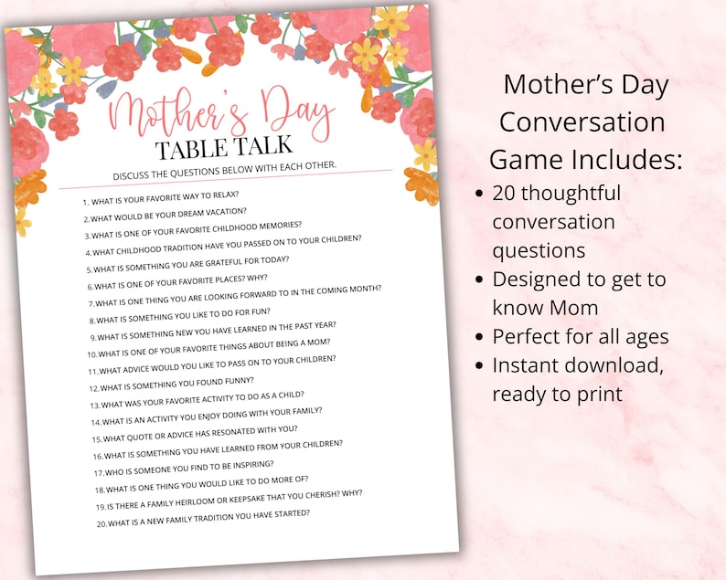 Mother’s Day conversation game printable features including 20 thoughtful questions to help families connect and learn more about mom. Printable PDF designed for easy use at home, brunch, classroom, or church groups. Instant download Mother’s Day activity for kids, teens, and adults.