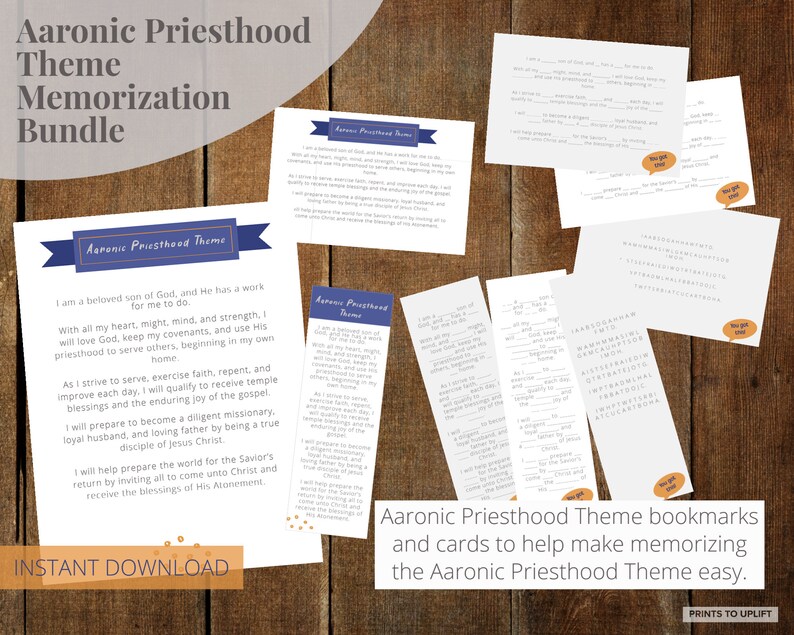 Aaronic Priesthood Theme Memorization Bundle Bookmarks Cards Blue Gray ...