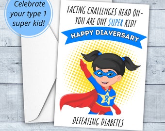 Diabetes verjaardag "Diaversary" kaart voor kinderen | Superheldenthema | Meisje | Afdrukbaar | Pdf | 5x7 & 4x6 kaarten | Direct downloaden | Type 1