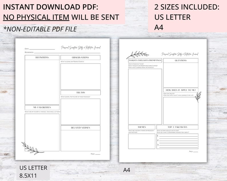 Two sizes included: US Letter (8.5" x 11") and International A4 for easy printing worldwide. This printable womens gospel study journal is non-editable. Buy once, use year after year for all your scripture reflection and insights.