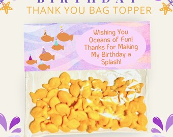 Oceans of Fun Birthday Party Topper, Thanks for Making My Birthday a Splash, kids party favor, thank you, treats, snacks, fish, purple