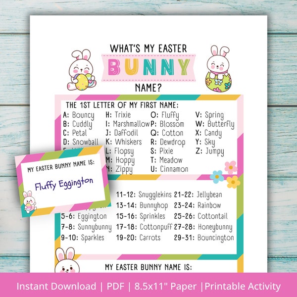 What's My Easter Bunny Name? printable Easter activity that's fun and easy to play, ice breaker game for kids and adults, Easter nametags