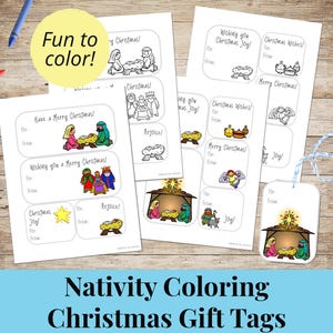 Nativity Christmas Gift Tags, printable coloring tags for kids, Christian, 8.5x11&quot; PDF, Christmas tags for grandparents, friends, or family