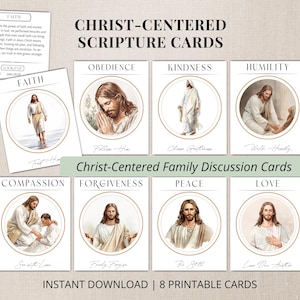 May include: A set of eight Christ-Centered Scripture Cards with illustrations and related words like Obedience, Kindness, and Love. The cards are designed for family discussions and are available as an instant download.