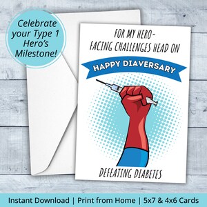 Tarjeta de aniversario de diabetes "Diaversario" / tema de superhéroe / imprimible / PDF / tarjetas de 5x7 y 4x6 / descarga instantánea / diabetes tipo 1