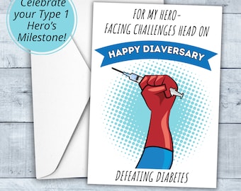 Diabetes jubileumkaart "Diaversary" | superheldenthema | Afdrukbaar | PDF | Kaarten van 5 x 7 en 4 x 6 | Direct downloaden | Type 1-diabetes