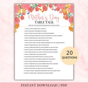 Mother’s Day conversation game printable featuring 20 table talk questions designed to spark meaningful conversations with mom. Floral design with soft pink background. Perfect Mother’s Day activity for families, brunch, or group gatherings. Instant download printable PDF game for kids, teens, and adults to connect and learn more about mom.