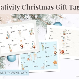 Nativity Christmas Gift Tags 3 sizes white, off-white, soft blue, 8.5x11, instant download