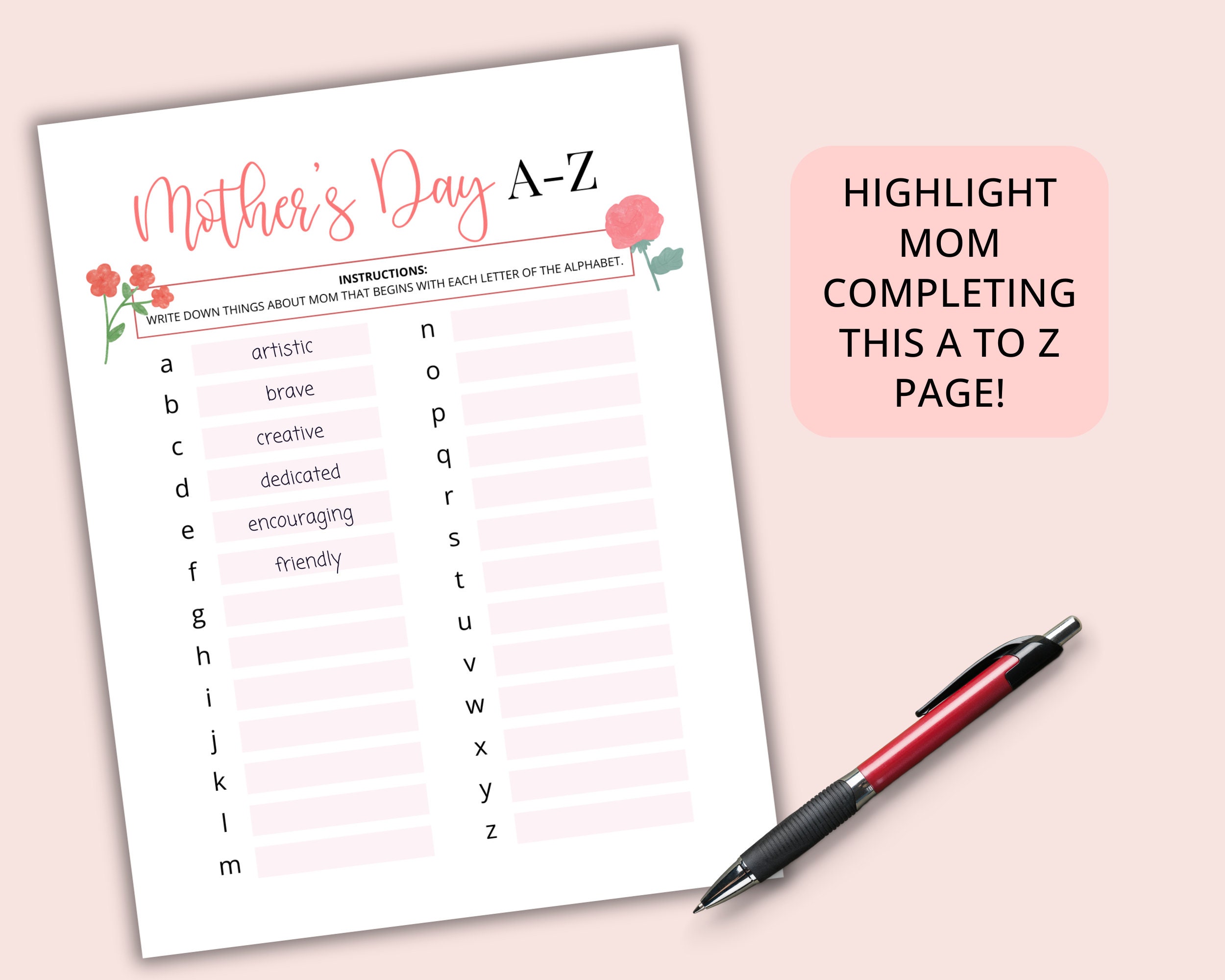 Printable Mother's Day A-Z Game | Instant Download | PDF | Mother's Day ...