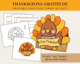 Thanksgiving Gratitude | Printable Thanksgiving Activity | Stuff the Turkey with Gratitude | Give Thanks | Coloring Page | Kids and families