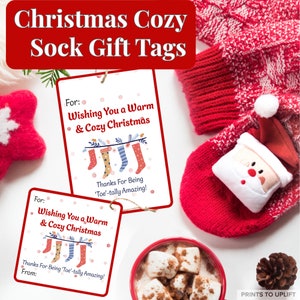 Etiquetas de regalo navideñas para calcetines acogedores, imprimibles, ideal como regalo para profesores, amigos, intercambio de regalos, papel de carta de EE. UU. de 8,5 x 11 pulgadas, descarga instantánea