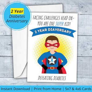 Tarjeta de aniversario de diabetes de 2 años / Tarjeta de aniversario para niños / Imprimible / PDF / Tarjetas de 5x7 y 4x6 / Héroe diabético / Tipo 1 / Descarga instantánea