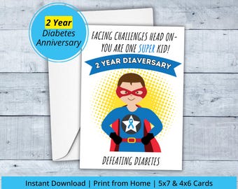 2 jaar diabetes jubileumkaart |  Dagboekkaart voor kinderen | Afdrukbaar | PDF | Kaarten van 5 x 7 en 4 x 6 | Diabetische held | Type 1 | Direct downloaden
