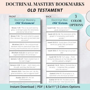 Peut inclure: Marque-pages Doctrinal Mastery Old Testament avec texte recto et verso. Le recto comprend des citations de Moïse, Abraham et Genèse. Le verso comprend des citations d'Isaïe, Jérémie et Ézéchiel. L'image montre 3 options de couleurs.