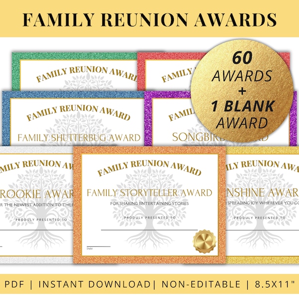 Family Reunion Awards, druckbare Auszeichnungsurkunden zur Verwendung bei Familienfeiern, Partys und Wiedervereinigungen, 8,5 x 11 Zoll, PDF, Auszeichnung zum sofortigen Download