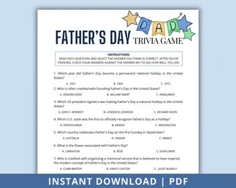 Father's Day Trivia Game | Dad's Day Printable | Quiz for Adults and Teens | Trivia Questions & Answer Key Included | Father's Day Activity