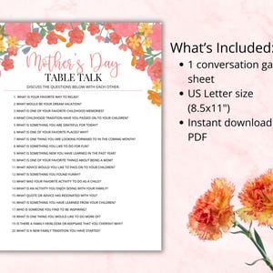 Mother’s Day printable conversation game includes one game sheet with 20 questions, formatted for US Letter size paper. Instant download PDF file ready to print at home. Simple and easy Mother’s Day activity for families and group settings.