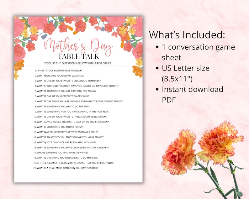 Mother’s Day printable conversation game includes one game sheet with 20 questions, formatted for US Letter size paper. Instant download PDF file ready to print at home. Simple and easy Mother’s Day activity for families and group settings.