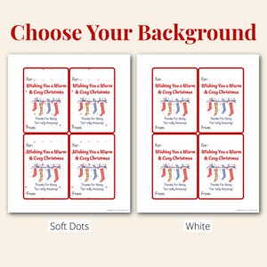 Side-by-side comparison of two Christmas Cozy Sock Gift Tag designs. One printable page has soft pink dots in the background, while the other has a clean white background. Both feature red borders and festive hanging sock illustrations.