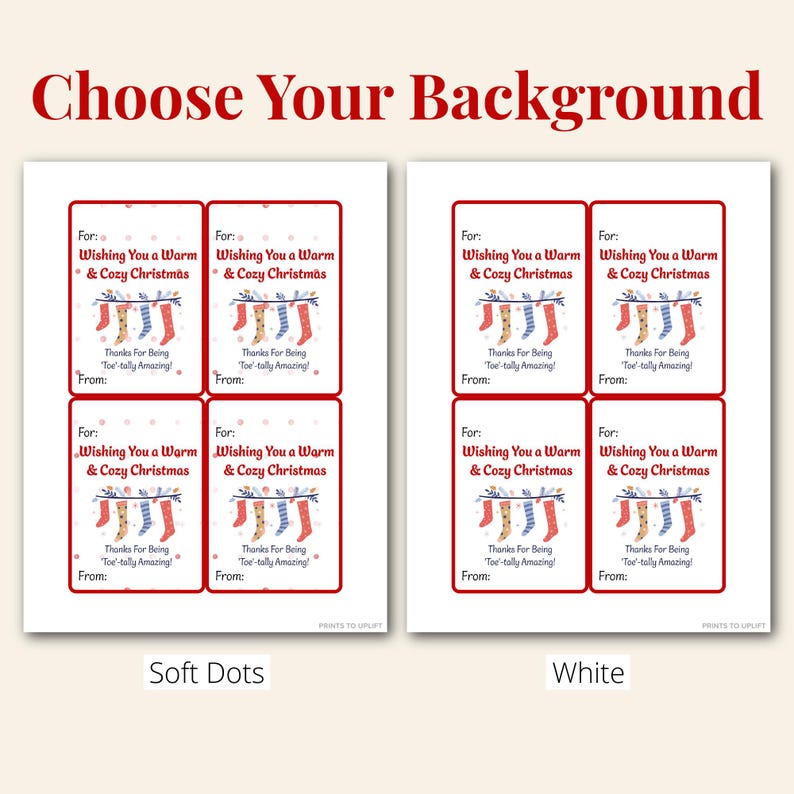Side-by-side comparison of two Christmas Cozy Sock Gift Tag designs. One printable page has soft pink dots in the background, while the other has a clean white background. Both feature red borders and festive hanging sock illustrations.
