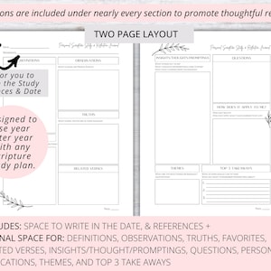 2-Page Guided Study Layout, a powerful bible study tool. Includes sections for Insights (Verses, Context) and Reflection (Personal Application, Takeaways) and more. Helps turn reading into deep scripture reflection. Use this scripture study journal again and again. Space to fill in the date and references.