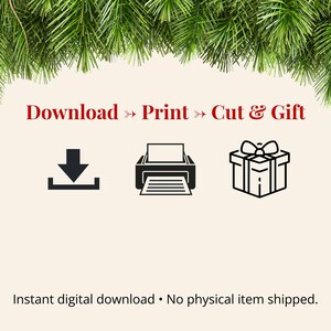 Simple instructions for using printable Christmas sock gift tags. Download the digital PDF, print the tags at home, cut them out, and attach to a holiday gift. Includes instant digital download information and a no-physical-item reminder.