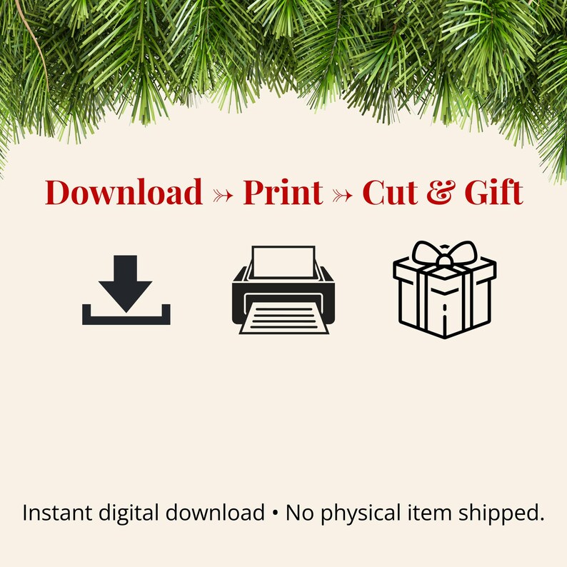 Simple instructions for using printable Christmas sock gift tags. Download the digital PDF, print the tags at home, cut them out, and attach to a holiday gift. Includes instant digital download information and a no-physical-item reminder.