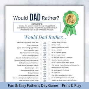 Vaderdag Zou papa liever spelen | Afdrukbare PDF | Dit of dat spel | Vaderdagactiviteit voor kinderen en volwassenen | Maak kennis met het papa-spel