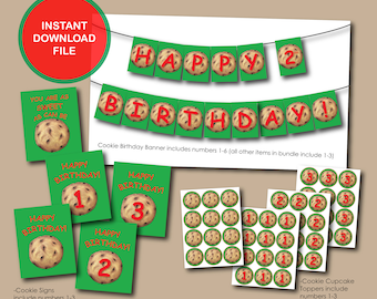 Cookie Birthday Bundle, Kids Birthday Party Printables, Instant Download, Red Font, Green Background, 1st, 2nd, 3rd Birthday