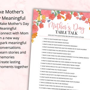 Mother’s Day conversation printable designed to create meaningful family moments with guided questions. Encourages connection, storytelling, and bonding with mom. Ideal for families wanting a deeper and more memorable Mother’s Day experience through simple printable activity.