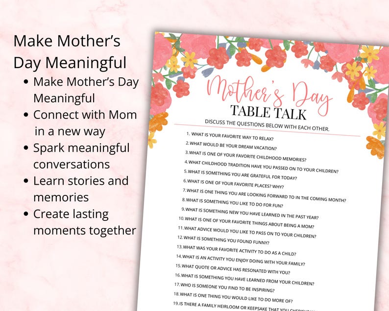 Mother’s Day conversation printable designed to create meaningful family moments with guided questions. Encourages connection, storytelling, and bonding with mom. Ideal for families wanting a deeper and more memorable Mother’s Day experience through simple printable activity.