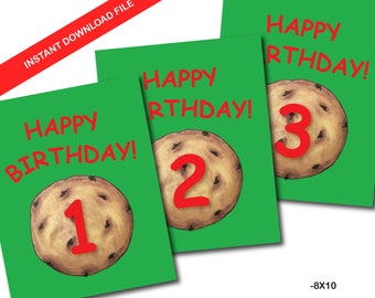 Cookie Birthday Signs, Kids Birthday Party Prints, Instant Download, Red Font, Green Background, 1st-3rd Birthdays