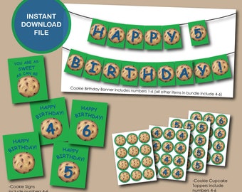Cookie Birthday Bundle, Kids Birthday Party Printables, Instant Download, Blue Font, Green Background, 4th, 5th, 6th Birthday