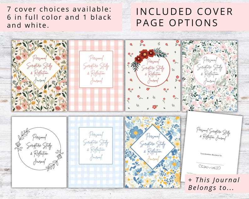 7 Beautiful Cover Options Included! Find the perfect style for your womens bible study or devotional journal. Designs include 4 floral options, 2 gingham, and 1 minimal black and white. This scripture study journal provides variety and high value.