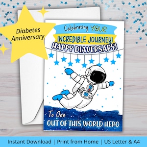 Cartão de aniversário de dia | Aniversário de diabetes | Cartão de aniversário de diabético com tema espacial para impressão | T1D | Carta dos EUA e A4 | Download instantâneo | PDF