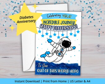 Diabetes jubileumkaart | Diabeteskaart type 1 voor kinderen | Dagboekkaart | Ruimtethema | T1D-cadeau | Afdrukbare pdf | US Letter en A4