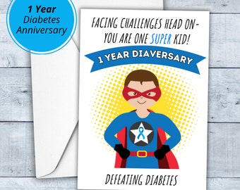 Diabetes jubileumkaart | 1 Year Diaversary-kaart voor kinderen | Afdrukbaar | PDF | Kaarten van 5 x 7 en 4 x 6 | Diabetische held | Type 1 | Direct downloaden
