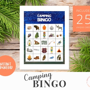 Bingo de acampamento | 25 tabuleiros de bingo exclusivos | Divertido jogo de bingo para acampamento, aniversário temático de acampamento, verão | Camping, ao ar livre, natureza, vida selvagem | PDF