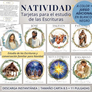 May include: A set of printable Nativity scripture study cards featuring watercolor illustrations of Mary, Joseph, angels, shepherds, a stable, the Magi, a star, and Jesus. The cards include Spanish text and measure 8.5 by 11 inches.