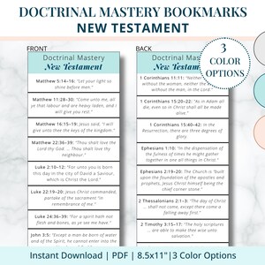 Può includere: Due segnalibri rettangolari intitolati Doctrinal Mastery New Testament, che mostrano il fronte e il retro con versetti biblici. Il design include tre opzioni di colore: grigio chiaro, azzurro e pesca chiaro. Testo: Instant Download PDF 8.5x11.