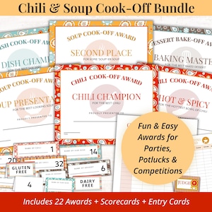 Chili Cook Off Awards Printable | Soup, Potluck & Party Award Certificates | Scorecards and Entry Cards | Family Reunion or Office Game
