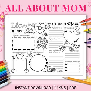 Todo sobre mamá imprimible / Amo a mi mamá porque / Regalo sentimental para mamá de parte de los niños / Descarga instantánea / Carta de EE. UU. / Recuerdo del Día de la Madre