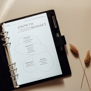May include: A white planner page with a black binder ring. The page has a diagram of three overlapping circles labelled "Growth Zone", "Learning Zone", "Comfort Zone", and "Fear Zone". The text "Growth Mindset" is at the top of the page.