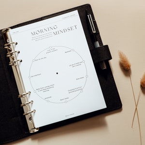 May include: A white planner page with a black circle in the centre and text around the circle. The text includes "Morning Mindset", "Plan for the day", "Live in the present moment", "Set Intentions", "Body Scan, energy check and deep breathing exercise", "Gratitude", "Brain dump", "Meditate", "Let go of what you can't control", "Slow down", "Complete 5-4-3-2-1 grounding practice".